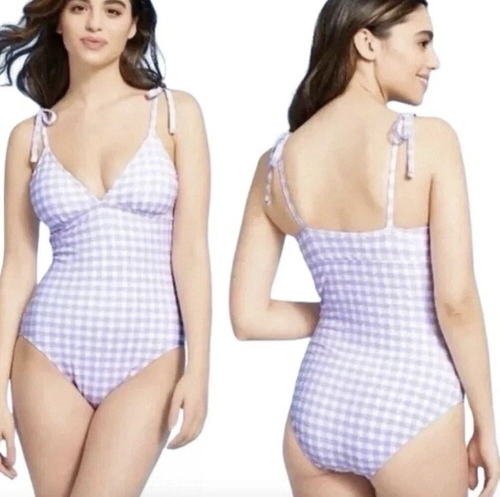Kona Sol Lavender Plaid One-Piece Bathing Suit XL EUC